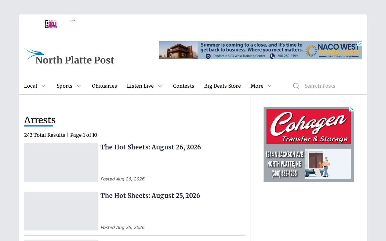Keith County arrest-news archive interface from North Platte Post